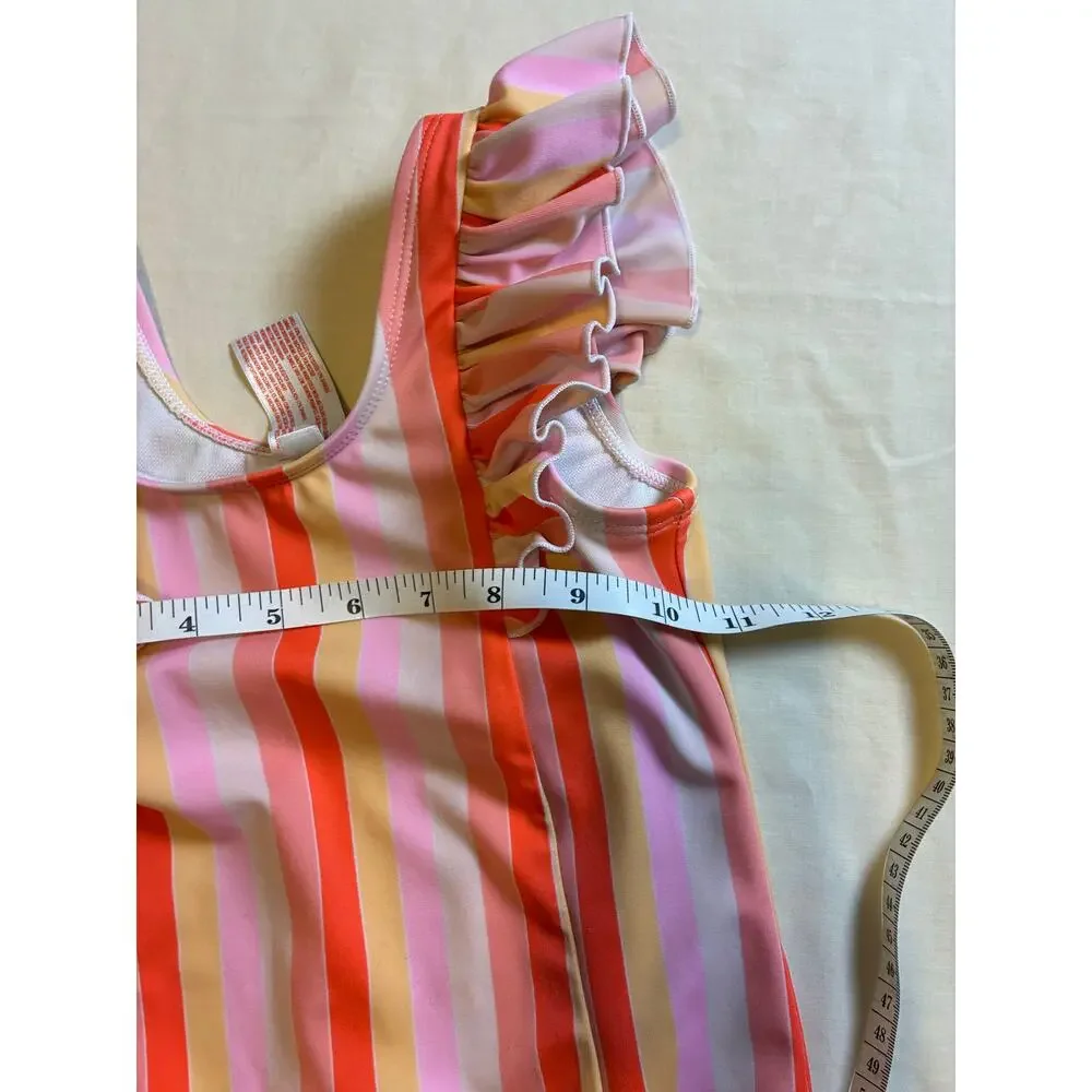 Cat & Jack 5T One Piece Swimsuit Pink Orange Stripe Ruffle Shoulder Swimwear